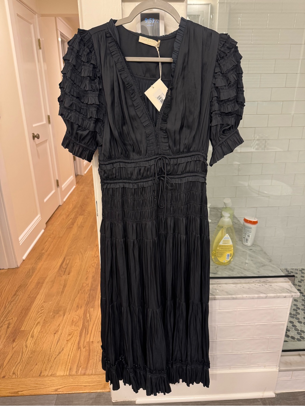 Ulla Johnson Black Ruffled V-Neck Midi Dress